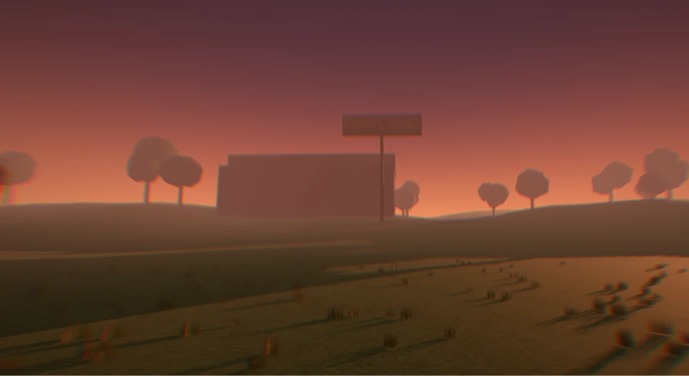 A field at dusk, a low building and a tall sign on the hill.