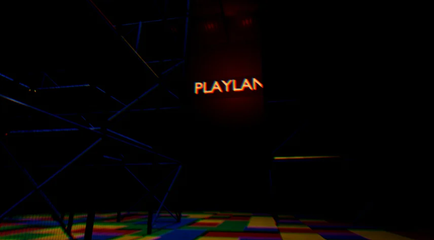 A glowing red PLAYLAND sign among dark steel frames.