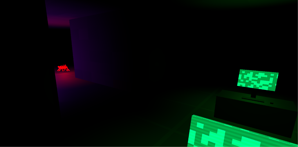 A dark room lit by green computer screens. Down a purple corridor, a small red creature with many legs.